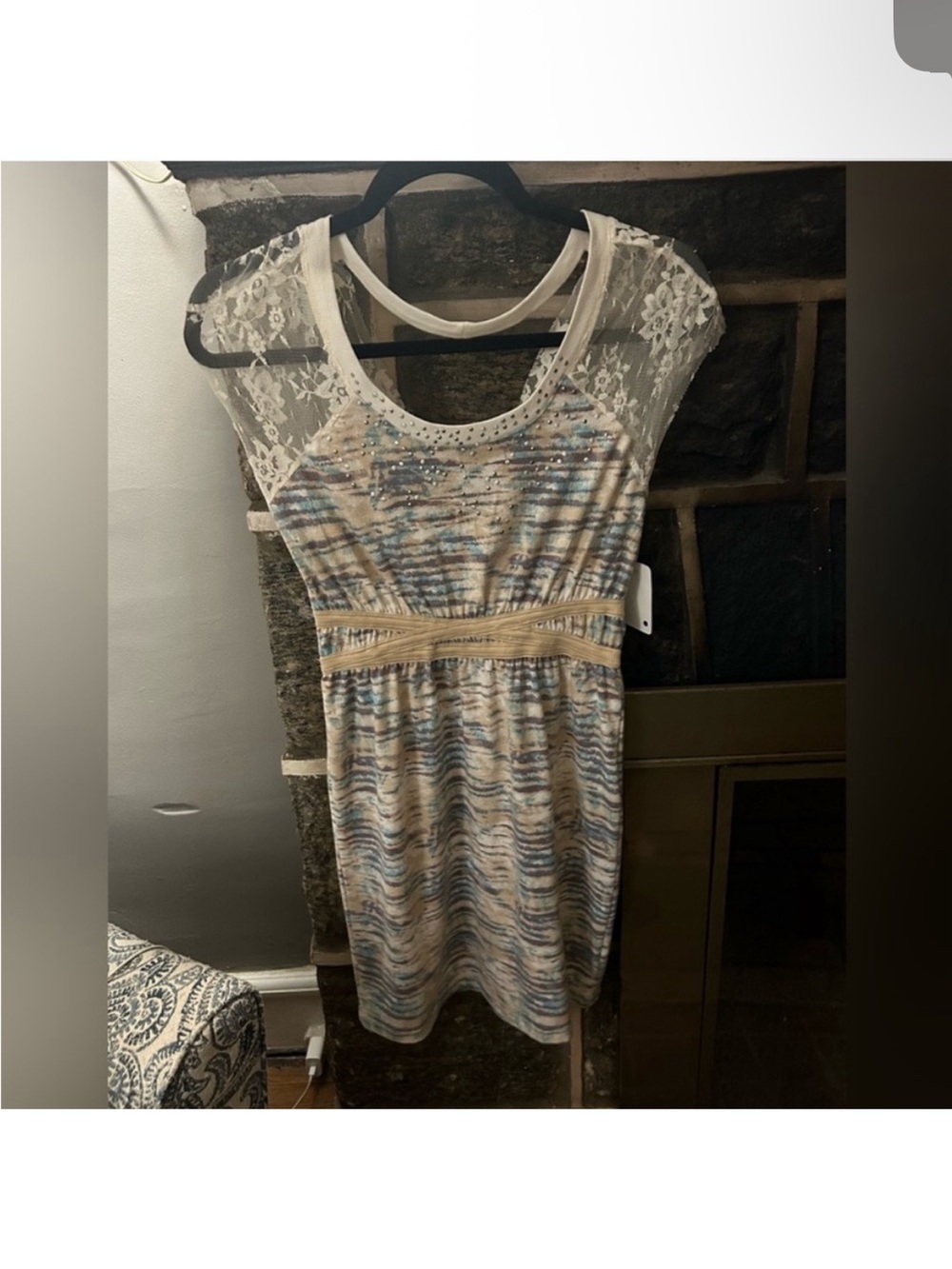 Free People Lace-Shoulder Striped Dress in Cream and Blue